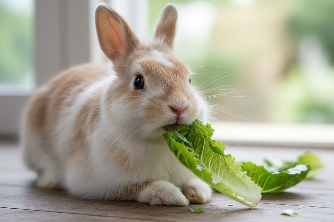 Cute brown and white rabbit eating fresh green lettuce indoors on wooden floor