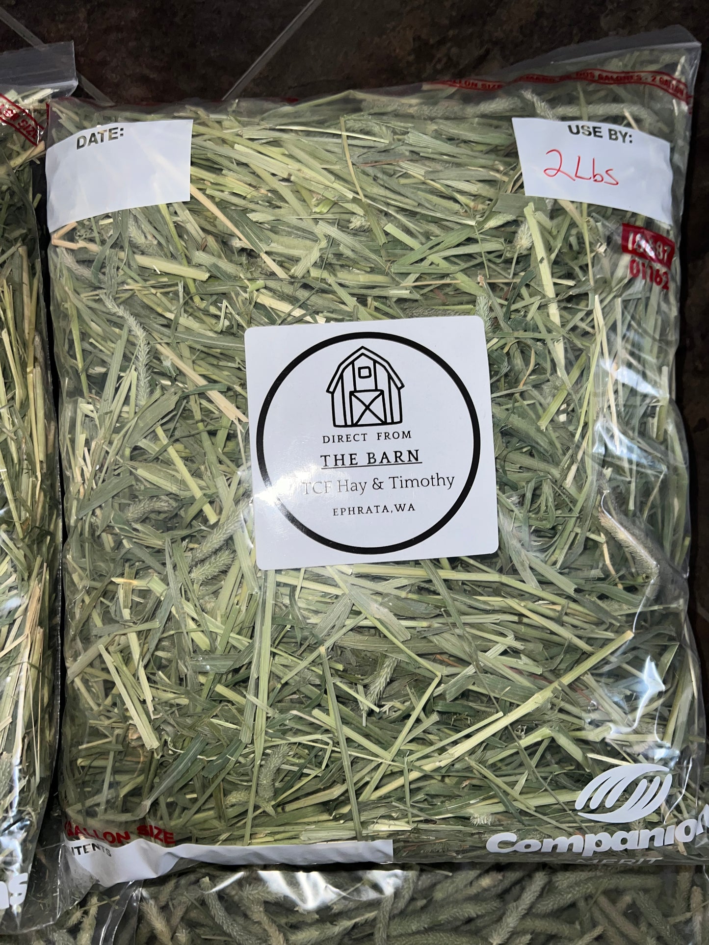 2 lb bag of TCF Hay & Timothy hay from The Barn, Ephrata, WA in clear plastic packaging