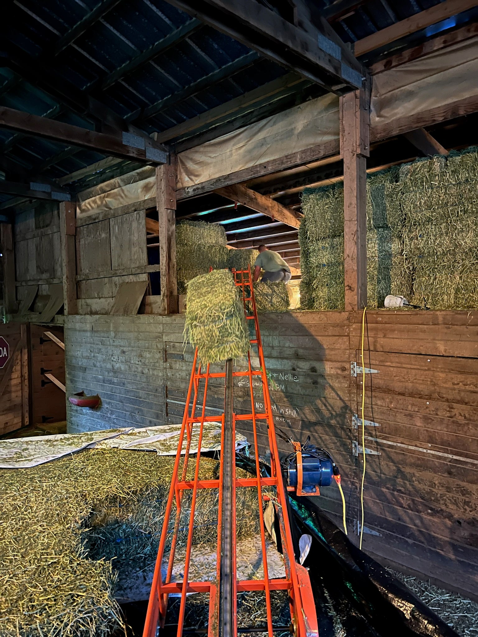 Person using a elevator to unload Timothy hay bales inside a barn.