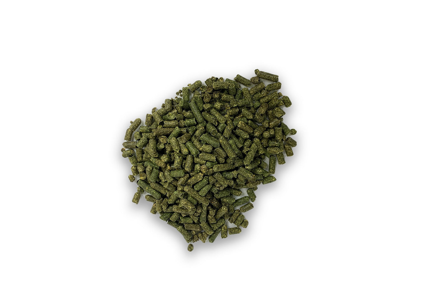 Pile of green alfalfa pellets isolated on white background for animal feed